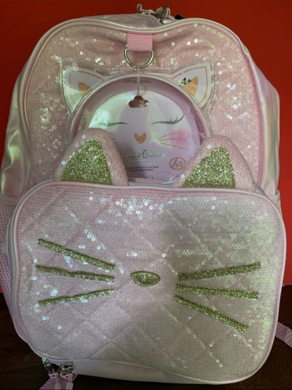 Locker Club Pink Sequin Cat Backpack Lunch Bag Headphones Set NWOT